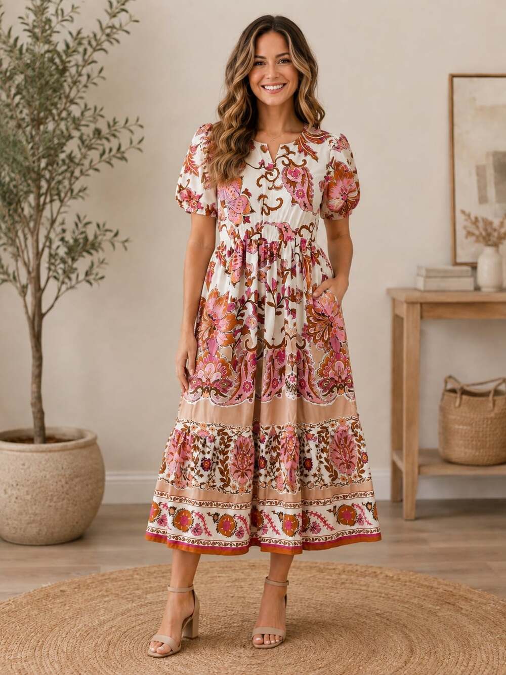 Polagram Floral Boho Maxi Dress Pink Brown Ivory Puff Sleeve Pockets M